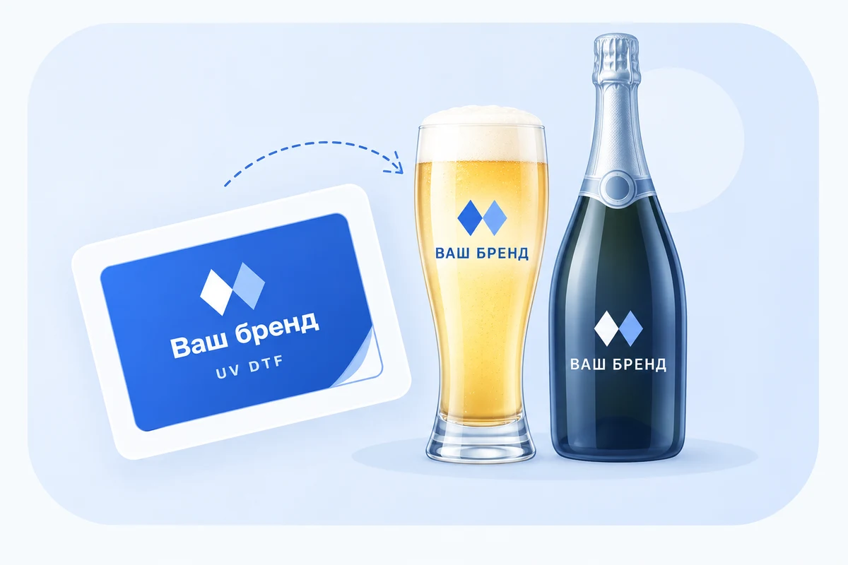 UV DTF трансфер на плівці, пивному бокалі та пляшці шампанського з написом «Ваш бренд»